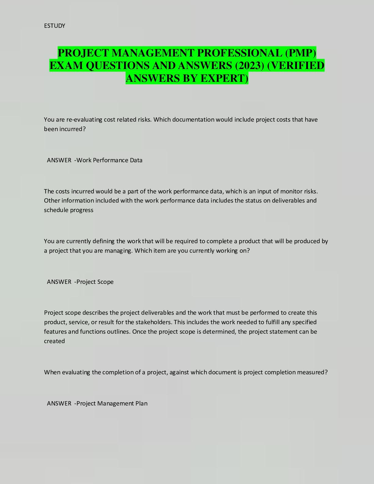 Preview of PROJECT MANAGEMENT PROFESSIONAL (PMP) EXAM QUESTIONS AND ANSWERS (2023) (VERIFIED ANSWERS